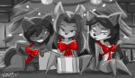  anthro canid canine christmas christmas_tree convenient_censorship female gift greyscale grin group hair hand_on_hip hi_res holidays inner_ear_fluff inside long_hair looking_at_viewer mammal monochrome one_eye_closed ribbons shonuff sitting smile spot_color spread_legs spreading tree wink 
