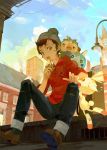  1boy a-shacho beanie brown_eyes brown_hair city clock clock_tower cloud eating from_below grookey hat highres lamppost looking_down male_focus male_protagonist_(pokemon_swsh) open_mouth pants pants_rolled_up pokemon pokemon_(creature) pokemon_(game) pokemon_swsh scorbunny shoes short_hair sitting sky sobble torn_clothes torn_legwear torn_pants tower 