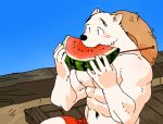  2018 abs anthro biceps bottomwear canid canine clothing digital_media_(artwork) food fruit fur hat headgear headwear kemono male mammal melon muscular muscular_male nipples outside pecs plant shorts solo syukapong watermelon watermelon_slice 