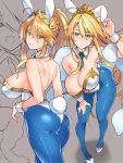  1girl ahoge animal_ears arm_up artoria_pendragon_(all) artoria_pendragon_(swimsuit_ruler)_(fate) ass blue_legwear breasts bright_pupils bunny_ears bunny_girl bunny_tail bunnysuit cleavage colored_eyelashes commentary_request detached_collar fate/grand_order fate_(series) fishnet_pantyhose fishnets green_eyes grey_background hair_between_eyes heart highleg highleg_leotard huge_breasts leotard mini_necktie multiple_views pantyhose ponytail shindou_(fuguri) sideboob sidelocks simple_background smile standing tail tiara work_in_progress wrist_cuffs 