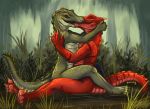  2019 4_toes 5_fingers alligator alligatorid anthro anthro_on_anthro caribou_(artist) crocodilian day detailed_background digital_media_(artwork) eyes_closed female fingers grass kissing male male/female outside reptile scalie swamp toes tree 