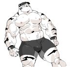  2018 abs anthro biceps bottomwear bulge clothed clothing digital_media_(artwork) felid fingerless_gloves fur gloves handwear hat headgear headwear kemono leucistic male mammal muscular muscular_male nipples pantherine pecs shorts simple_background solo syukapong tiger topless veiny_muscles white_background 