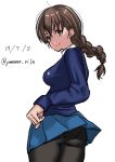  1girl ass black_legwear blue_skirt blue_sweater braid brown_eyes brown_hair closed_mouth commentary cowboy_shot dated eyebrows_visible_through_hair from_behind girls_und_panzer hair_ornament hairclip long_hair looking_at_viewer looking_back miniskirt panties panties_under_pantyhose pantyhose pleated_skirt rukuriri school_uniform shirt simple_background single_braid skirt smile solo st._gloriana&#039;s_school_uniform standing sweater twitter_username underwear white_background white_shirt yamano_rita 