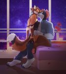  2019 4_toes 5_fingers anthro barefoot black_fur bottomless breasts canid canine canis clothed clothing detailed_background dress duo female female_on_top fingers fox fur furlana hi_res inside kissing male male/female mammal mocha_(mochalattefox) night off_shoulder on_top orange_fur sitting sky star starry_sky storm_(stormwx_wolf) straddling toes white_fur window wolf 