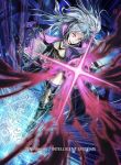  1girl armored_boots bangs black_legwear book boots chain darkness fire_emblem fire_emblem_awakening fire_emblem_cipher grima_(fire_emblem) grin highres hirooka_masaki long_hair looking_at_viewer magic official_art parted_bangs red_eyes robe robin_(fire_emblem) robin_(fire_emblem)_(female) silver_hair smile solo sparkle thighhighs thighs twintails watermark wind 