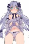  1girl :o ahoge bangs bare_shoulders black_bow blue_eyes blush bow bow_panties cameltoe commentary_request dress eyebrows_visible_through_hair flat_chest grey_hair grey_sweater hair_between_eyes hair_bow kuro_(kuronell) long_hair long_sleeves looking_at_viewer navel nipples nose_blush off-shoulder_sweater off_shoulder panties parted_lips sleeves_past_wrists solo soul_worker stella_unibell sweater sweater_dress underwear very_long_hair white_panties 