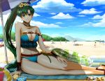  1girl absurdres alternate_costume asymmetrical_bangs ball bangs bare_legs bare_shoulders beach beach_towel beach_umbrella beachball bikini blue_bikini breasts brown_footwear cleavage cloud cloudy_sky day delsaber drink drinking_straw earrings fire_emblem fire_emblem:_the_blazing_blade fire_emblem_heroes flower food fruit glass green_eyes green_hair hair_flower hair_ornament highres huge_filesize innertube jewelry lemon lemon_slice lilina_(fire_emblem) lips long_hair looking_at_viewer lyn_(fire_emblem) medium_breasts midriff mountain navel ocean outdoors parted_bangs ponytail roy_(fire_emblem) sandals seashell seashell_necklace shell sitting sky smile solo_focus starfish swimsuit thighs towel tree umbrella wet wristband 