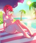 1girl bare_arms bare_legs bare_shoulders beach beach_towel bikini bikini_top breasts cocktail cocktail_glass coconut_tree cup day drink drinking drinking_glass drinking_straw eba_rin eyebrows_visible_through_hair feet food fruit green_eyes highres horizon kimi_no_iru_machi large_breasts lemon lemon_slice looking_at_viewer medium_hair navel ocean outdoors palm_tree poolside red_hair rtil sand sitting solo sunlight swimsuit thick_thighs thighs towel tree umbrella water white_bikini 