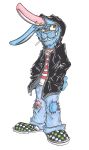  2019 absurd_res anthro blue_fur buckteeth cigarette clothed clothing damaged ear_piercing facial_hair fangs footwear front_view fur grin hare hi_res hodgepodge_(krolik) hoodie jacket krolik lagomorph leporid long_ears male mammal markings piercing pink_fur portrait pose rabbit red_eyes scar sharp_teeth shoes signature smile smoking solo solo_focus standing stitch_(disambiguation) tattoo teeth topwear traditional_media_(artwork) undead zombie 