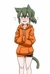  1girl animal_ears bike_shorts blush casual cat_ears cat_girl cat_tail collarbone commentary_request eyebrows_visible_through_hair fang green_eyes green_hair hair_between_eyes igarashi_futaba_(shiromanta) kemonomimi_mode long_sleeves looking_at_viewer nekomusume orange_hoodie pointy_ears ponytail senpai_ga_uzai_kouhai_no_hanashi simple_background slit_pupils tail twrlare 