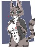  &lt;3 2019 anthro areola black_spots blush bottomless breasts butt clothed clothing clouded_leopard eyelashes felid feline felis female fingers fur green_eyes grey_fur hi_res inner_ear_fluff jonesy_hoovus_(grimart) josun mammal nipples pantherine pussy shirt simple_background smile solo spots standing thick_thighs topwear white_fur 