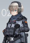  1girl aqua_eyes assault_rifle autism_wanderer blonde_hair commentary english_commentary gloves gun headset highres load_bearing_vest military original rifle short_hair simple_background solo weapon 