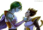  2boys armor artist_name backlighting black_hair blush braid cape clenched_teeth dragon_ball dragon_ball_z earrings green_hair green_skin jewelry kim_yura_(goddess_mechanic) male_focus monkey_tail multiple_boys muscle purple_lips purple_nails shoulder_armor single_braid sweat tail teeth twitter_username vegeta yaoi zarbon 