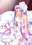  1girl bare_shoulders bridal_veil dress fate/grand_order fate/stay_night fate_(series) flower frills gloves long_hair looking_at_viewer purple_hair rider rose smile solo strapless strapless_dress veil very_long_hair warabimochii wedding_dress white_dress white_gloves 