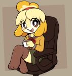  2019 absurd_res animal_crossing anthro beverage blonde_hair canid canine canis chair clothed clothing coffee domestic_dog female fully_clothed hair hi_res holding_object isabelle_(animal_crossing) legwear looking_at_viewer mammal moozua nintendo office_chair open_mouth open_smile shih_tzu sitting smile solo toy_dog video_games 