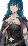  1girl aplche armor armored_dress blue_eyes blue_hair breasts byleth_(fire_emblem) byleth_(fire_emblem)_(female) cape cleavage cowboy_shot detached_collar expressionless eyebrows_visible_through_hair fire_emblem fire_emblem:_three_houses gauntlets lips looking_at_viewer medium_breasts medium_hair midriff navel simple_background solo white_background 