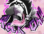  ! 2019 ambiguous_gender anthro claws english_text fur hi_res long_tongue looking_at_viewer mammal mustelid nintendo obstagoon open_mouth opokemaniac pink_background pink_tongue pok&eacute;mon pok&eacute;mon_(species) red_eyes sharp_claws sharp_teeth simple_background smile solo teeth text tongue tongue_out video_games 