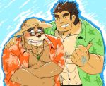  2019 anthro belly blush brown_fur clothing duo eyes_closed eyewear fur glasses gnj97 hat headgear headwear human humanoid_hands jock_protagonist_(tas) male mammal muscular overweight overweight_male protagonist_(tas) shirt simple_background straw_hat tokyo_afterschool_summoners topwear ursid video_games volos 