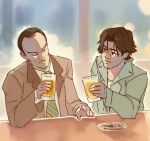  2boys alcohol balcony bar beer beer_mug black_eyes black_hair closed_mouth facial_hair formal heinrich_lunge indoors jacket long_sleeves looking_at_another male_focus monster_(manga) multiple_boys necktie plate rtil shirt smile suit tenma_kenzou white_shirt 