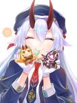  1girl beret bow candy character_doll closed_eyes doll eyebrows_visible_through_hair eyelashes fate/grand_order fate_(series) food gloves gradient_neckwear hair_between_eyes hair_bow hat hat_ornament heart highres holding holding_doll ibaraki_douji_(fate/grand_order) izumi_(snocs13) jacket lollipop long_hair mitsudomoe_(shape) necktie oni_horns purple_capelet purple_headwear purple_jacket purple_neckwear red_bow red_neckwear shuten_douji_(fate/grand_order) silver_hair smile solo speech_bubble spoken_heart tomoe_(symbol) tomoe_gozen_(fate/grand_order) upper_body very_long_hair white_gloves 