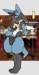  beverage bodily_fluids bow_tie bulge casino clothing cuff_links embarrassed eyes_closed fake_ears fake_rabbit_ears lingerie lucario male nintendo nipples platter pok&eacute;mon pok&eacute;mon_(species) quququl solo sparkles sweat teddy_(clothing) thick_thighs video_games wide_hips 