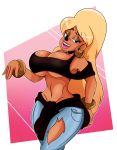  2019 5_fingers abstract_background absurd_res anthro big_breasts black_nose blonde_hair bottomwear bracelet breasts canid canine canis cleavage clothed clothing clothing_around_waist crop_top disney domestic_dog ear_piercing ear_ring eyelashes female fingers goof_troop hair half-closed_eyes hi_res huge_breasts jeans jewelry lipstick lisa_(goof_troop) long_hair looking_at_viewer makeup mammal midriff navel open_mouth open_smile pants piercing shirt small_waist smile solo sonson-sensei topwear torn_clothing under_boob 