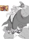  2019 anthro belly bottomwear bulge canid canine clothing goemon_(tas) humanoid_hands kusunagi male mammal overweight overweight_male raccoon_dog robe shorts simple_background solo tanuki tokyo_afterschool_summoners video_games 