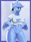  2019 anthro avian beak bird blue_beak blue_eyes blue_feathers bottomless breasts clothed clothing feathers featureless_crotch female hands_on_hips hi_res looking_down meme non-mammal_breasts shirt smile solo thick_thighs thousandfoldfeathers topwear tweetfur twitter wide_hips wings 