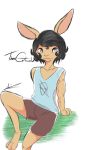  anthro black_eyes black_hair bottomwear brown_fur clothing felfi_amanda fur hair james_flynn lagomorph leporid long_ears male mammal paws rabbit shirt short_hair shorts simple_background sitting solo tank_top theo_cotswold topwear traditional_media_(artwork) 