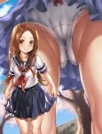  1girl ass bangs blue_sailor_collar blue_skirt blue_sky blush bow bow_panties brown_eyes brown_hair cherry_blossoms closed_mouth collarbone commentary_request commission day eyebrows_visible_through_hair flower forehead highres hikari_(komitiookami) karakai_jouzu_no_takagi-san long_hair looking_at_viewer multiple_views neckerchief outdoors panties parted_bangs pink_flower pleated_skirt red_neckwear sailor_collar school_uniform serafuku shirt short_sleeves skirt sky smile takagi-san tree underwear very_long_hair white_panties white_shirt 