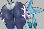  2019 anus big_butt blue_eyes butt butt_pose camel_toe canid clothing collaboration cosplay cosplay_pikachu_(costume) digital_media_(artwork) digitigrade domino_mask eeveelution female feral glaceon grey_background half-closed_eyes long_ears looking_at_viewer looking_back mammal mask napalm_express nintendo pikachu_libre pok&eacute;mon pok&eacute;mon_(species) rear_view rubrad simple_background solo thick_thighs video_games 