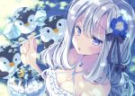  1girl bare_shoulders bird black_ribbon blue_eyes blue_flower blush breasts cleavage commentary_request eyebrows_visible_through_hair face flower hair_between_eyes hoshino_koucha large_breasts looking_at_viewer moon original penguin ribbon shaved_ice spoon star tongue tongue_out white_hair 