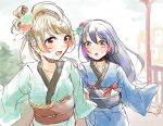  2girls aoi_chiruko bangs blue_hair blue_kimono blush commentary_request eyebrows_visible_through_hair flower green_kimono grey_hair hair_between_eyes hair_flower hair_ornament japanese_clothes kimono long_hair looking_at_another love_live! love_live!_school_idol_festival love_live!_school_idol_project minami_kotori multiple_girls one_side_up open_mouth smile sonoda_umi wide_sleeves yellow_eyes 