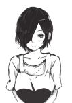  1girl absurdres apron blush collarbone commentary hair_over_one_eye highres kirishima_touka looking_at_viewer monochrome one_eye_covered shirt short_hair short_sleeves simple_background sketch starviish tokyo_ghoul upper_body white_background 