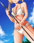  1girl ass_visible_through_thighs bare_arms bare_shoulders blue_sky bow bow_panties bra breasts cleavage cloud collarbone commentary_request cover day dr_rex dutch_angle fake_cover head_out_of_frame holding holding_spear holding_weapon medium_breasts navel onishima_homare outdoors panties parted_lips polearm sky solo sounan_desuka? spear translation_request underwear underwear_only weapon white_bra white_panties 