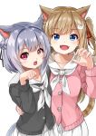  2girls :d absurdres animal_ears bangs black_cardigan black_ribbon blue_eyes braid brown_hair cat_ears cat_girl cat_hair_ornament cat_tail collarbone commentary_request eyebrows_visible_through_hair fangs gangbang group_sex hair_ornament hair_ribbon hand_on_another&#039;s_hip hand_up highres long_hair multiple_girls neckerchief open_mouth original paw_pose pink_cardigan pleated_skirt red_eyes red_ribbon ribbon sailor_collar silver_hair simple_background skirt smile sora_(silent_square) striped_tail tail tail_raised two_side_up white_background white_neckwear white_sailor_collar white_skirt 