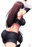  1girl armpits ass bike_shorts black_shorts black_sports_bra breasts brown_eyes butt_crack covered_nipples elbow_gloves final_fantasy final_fantasy_vii final_fantasy_vii_remake gloves highres jmg large_breasts long_hair looking_at_viewer looking_back low-tied_long_hair shorts sideboob simple_background solo sports_bra tifa_lockhart toned undressing very_long_hair white_background 