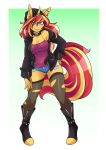  2019 absurd_res ambris anthro beanie boots bottomwear breasts cleavage clothed clothing cutoffs denim denim_clothing denim_shorts ear_piercing equestria_girls equid female footwear hair hat headgear headwear hi_res horn jacket leather leather_jacket legwear long_hair looking_at_viewer mammal multicolored_hair multicolored_tail my_little_pony piercing shirt shorts smile solo sunset_shimmer_(eg) topwear torn_clothing two_tone_hair unicorn 