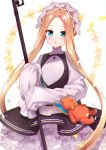  1girl abigail_williams_(fate/grand_order) akariko alternate_costume bangs black_skirt blonde_hair blue_eyes blush breasts dress enmaided fate/grand_order fate_(series) forehead highres keyhole long_hair long_sleeves looking_at_viewer maid maid_headdress mop open_mouth parted_bangs sash sidelocks simple_background skirt sleeves_past_fingers sleeves_past_wrists small_breasts solo stuffed_animal stuffed_toy teddy_bear white_background white_dress 
