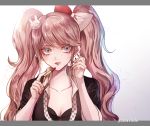  1girl artist_name bangs black_bra black_shirt blue_eyes bow bra breasts bunny_hair_ornament cleavage collarbone commentary_request cosplay danganronpa danganronpa_1 enoshima_junko enoshima_junko_(cosplay) eyebrows_visible_through_hair freckles hair_bow hair_ornament ikusaba_mukuro lipstick long_hair looking_at_viewer makeup medium_breasts necktie red_bow red_lipstick red_nails shirt simple_background sleeves_rolled_up solo twintails underwear white_background white_bow z-epto_(chat-noir86) 