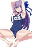  1girl :o akire_zz bare_arms bare_legs bare_shoulders blue_choker blue_ribbon blue_swimsuit blush breasts choker commentary_request covered_nipples eyebrows_visible_through_hair fate/grand_order fate_(series) hair_between_eyes hair_ribbon highres long_hair meltryllis purple_eyes purple_hair ribbon school_swimsuit simple_background solo spread_legs swimsuit white_background 