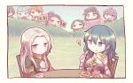  4boys 5girls ahoge bernadetta_von_varley black_hair blonde_hair blue_eyes blue_hair blush braid breasts brown_hair byleth_(fire_emblem) byleth_(fire_emblem)_(female) cape caspar_von_bergliez chibi choker cleavage cravat dark_skin dorothea_arnault earrings edelgard_von_hresvelg epaulettes facial_mark ferdinand_von_aegir fire_emblem fire_emblem:_three_houses gloves green_eyes green_hair grey_eyes hair_ornament hair_over_one_eye hair_ribbon hat highres hood hubert_von_vestra jewelry linhardt_von_hevring long_hair long_sleeves low_ponytail medium_breasts mugimaru_(user_rdve5552) multiple_boys multiple_girls open_mouth petra_mcnairy purple_hair red_cape ribbon shadow short_hair side_ponytail simple_background single_braid skirt smile tea uniform upper_body wavy_mouth 