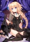  1girl ahoge black_dress black_gloves black_legwear blonde_hair blue_eyes braid breasts choker cleavage collarbone covered_navel curtains dress fate/grand_order fate_(series) flower gloves hair_flower hair_ornament jeanne_d&#039;arc_(fate) jeanne_d&#039;arc_(fate)_(all) jewelry long_hair looking_at_viewer medium_breasts necklace no_shoes nogi_takayoshi single_braid smile solo thighhighs very_long_hair 