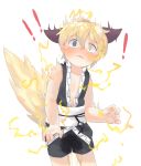  1boy absurdres abuse al_bhed_eyes animal_ears blonde_hair blue_eyes blush electrocution fox_boy fox_ears fox_tail highres japanese_clothes looking_at_viewer male_focus original pee peeing peeing_self shotac0n simple_background solo sparkling_eyes tail white_background 