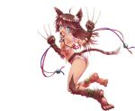  1girl :d animal_ear_fluff animal_ears anklet blue_eyes braid breasts brown_hair cat_ears cat_tail claw_(weapon) dark_skin fangs full_body fur gradient gradient_hair jewelry long_hair multicolored_hair official_art open_mouth paws sennen_sensou_aigis single_earring sleeveless smile tail transparent_background tsukigami_chronica ur_(sennen_sensou_aigis) v-shaped_eyebrows weapon white_hair 