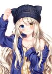  1girl animal_ears arm_up bangs bare_shoulders beanie black_headwear blonde_hair blue_eyes blue_jacket blush brown_hair buttons closed_mouth collarbone fake_animal_ears hair_between_eyes hand_on_headwear hat heterochromia jacket long_hair long_sleeves looking_at_viewer nogi_takayoshi off_shoulder open_clothes open_jacket original partially_unbuttoned shirt simple_background sleeveless sleeveless_shirt solo upper_body wavy_hair white_background yellow_shirt 