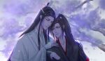  2boys absurdres black_hair branch collarbone day dreamingpool eye_contact grey_eyes hands_on_shoulders headband high_ponytail highres long_hair looking_at_another male_focus mo_dao_zu_shi multiple_boys outdoors purple_background upper_body very_long_hair wangji_lan white_headband white_robe wuxian_wei yaoi 