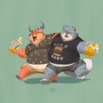  1:1 alcohol anthro antlers arm_around_shoulders beer belly beverage blush brown_fur cervid drunk duo eyes_closed felid fur hi_res holding_beverage holding_object hooves horn male mammal moobs navel obese obese_male open_mouth open_smile overweight overweight_male pantherine ray_the_buck riisago smile snow_leopard spots spotted_fur substance_intoxication walking white_fur 