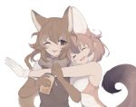  2girls ;d ^_^ animal_ear_fluff animal_ears bangs bare_shoulders black_eyes brown_gloves brown_hair bubble_tea character_request closed_eyes cup disposable_cup dnsdltkfkd drinking_straw elbow_gloves extra_ears eyebrows_visible_through_hair fang fur_collar gloves hair_between_eyes heart hug kemono_friends long_hair looking_at_viewer multicolored_hair multiple_girls one_eye_closed open_mouth short_hair short_sleeves simple_background sleeveless smile tail upper_body white_background white_gloves 