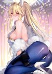  1girl animal_ears artist_name artoria_pendragon_(all) artoria_pendragon_(swimsuit_ruler)_(fate) ass bangs bare_shoulders blonde_hair blue_legwear blush braid breasts bunny_ears bunny_tail commentary_request detached_collar eyebrows_visible_through_hair fate/grand_order fate_(series) fishnet_pantyhose fishnets french_braid hair_between_eyes high_heels highres holster large_breasts leotard long_hair looking_at_viewer obiwan pantyhose parted_lips ponytail shiny shiny_clothes shiny_hair shiny_skin sidelocks signature solo sparkle tail thigh_holster tiara white_footwear white_leotard 
